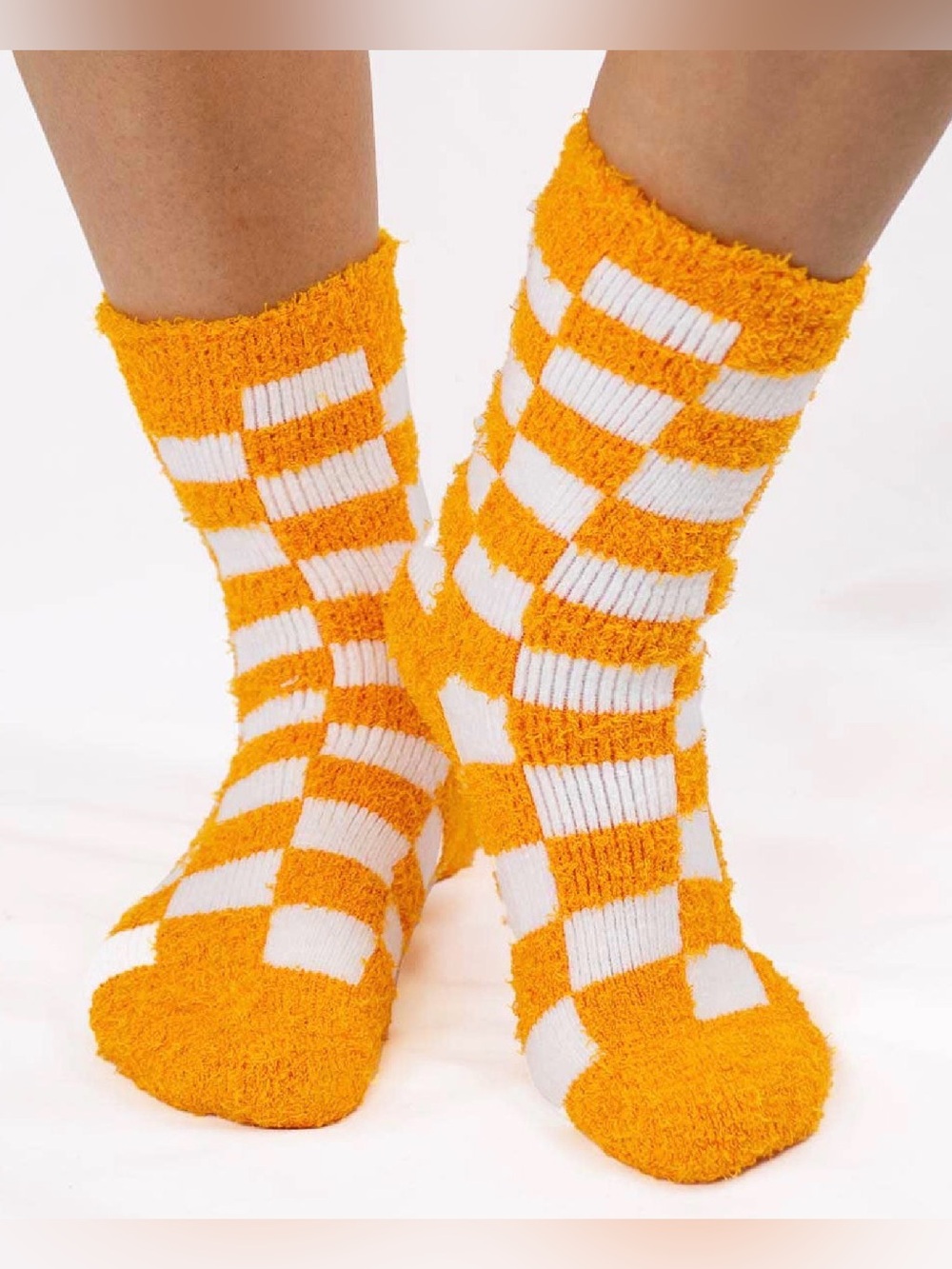 Cozy Orange & White Checker Fuzzy Crew Socks